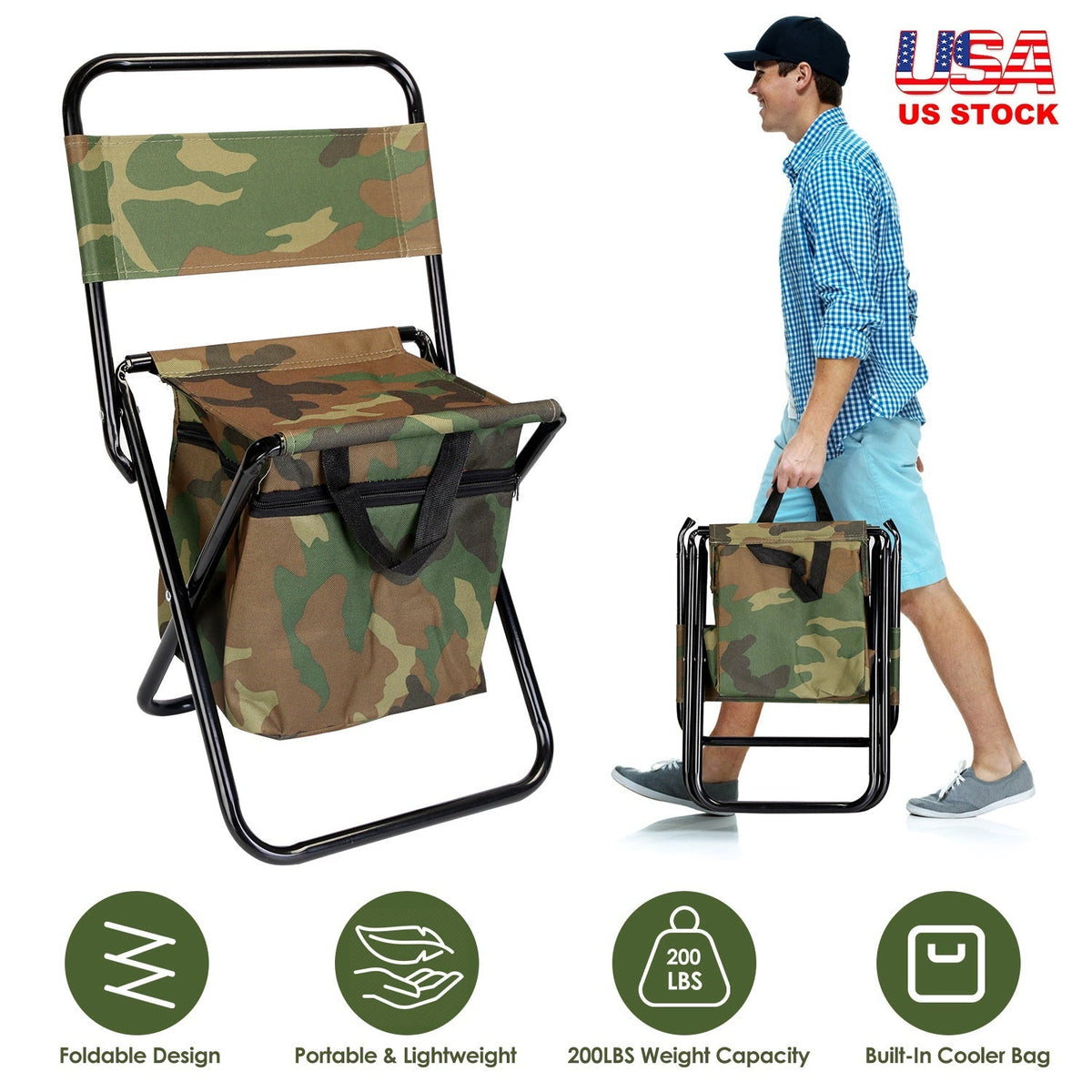 Foldable Fishing Chair With Backrest Built-In Cooler Bag Portable Handle Outdoor Lightweight Fishing Stool For Camping Hiking Hunting