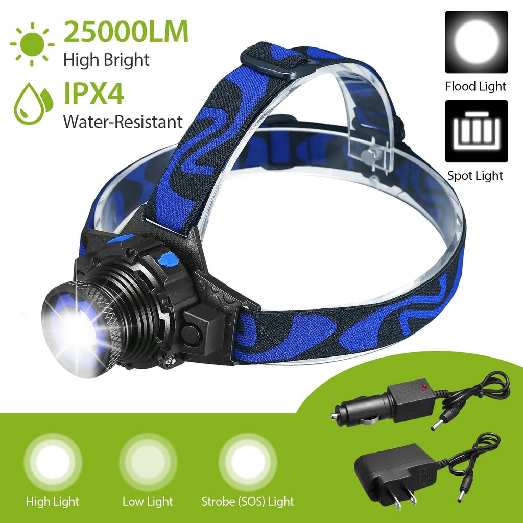 25000 LM Headlamp LED Tactical Headlight Zoomable Flashlight Torch w/Charges Camping