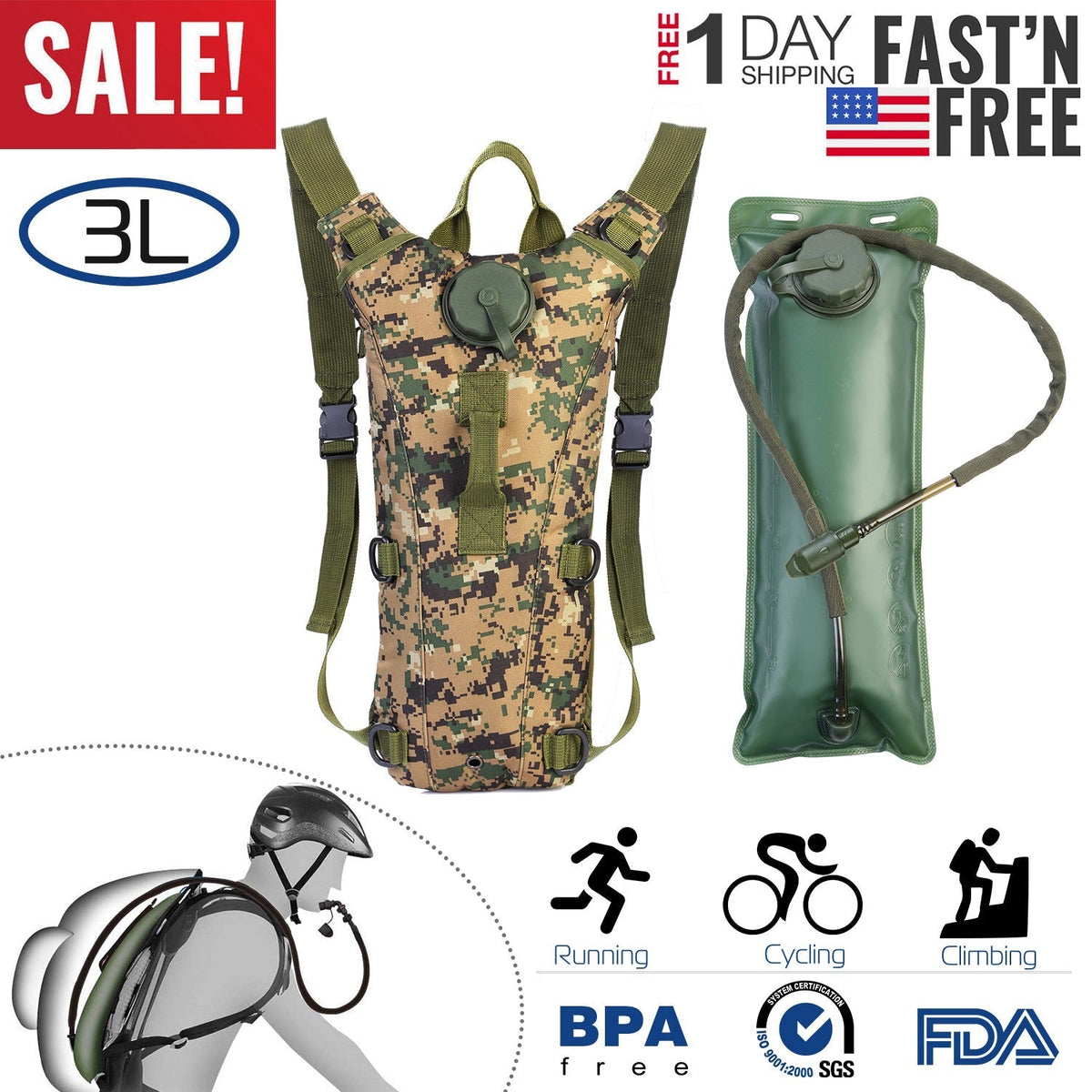 iMounTEK Tactical Hydration Pack 3L Water Bladder Adjustable Water Drink Backpack for Hiking Cycling Climbing Running