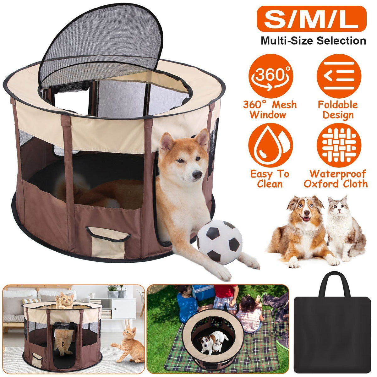 Foldable Playpen for Dog with Carry Bag Portable Travel Waterproof Indoor Outdoor Pet Cage Tent Detachable Upper Cover For Dog Cat Rabbit