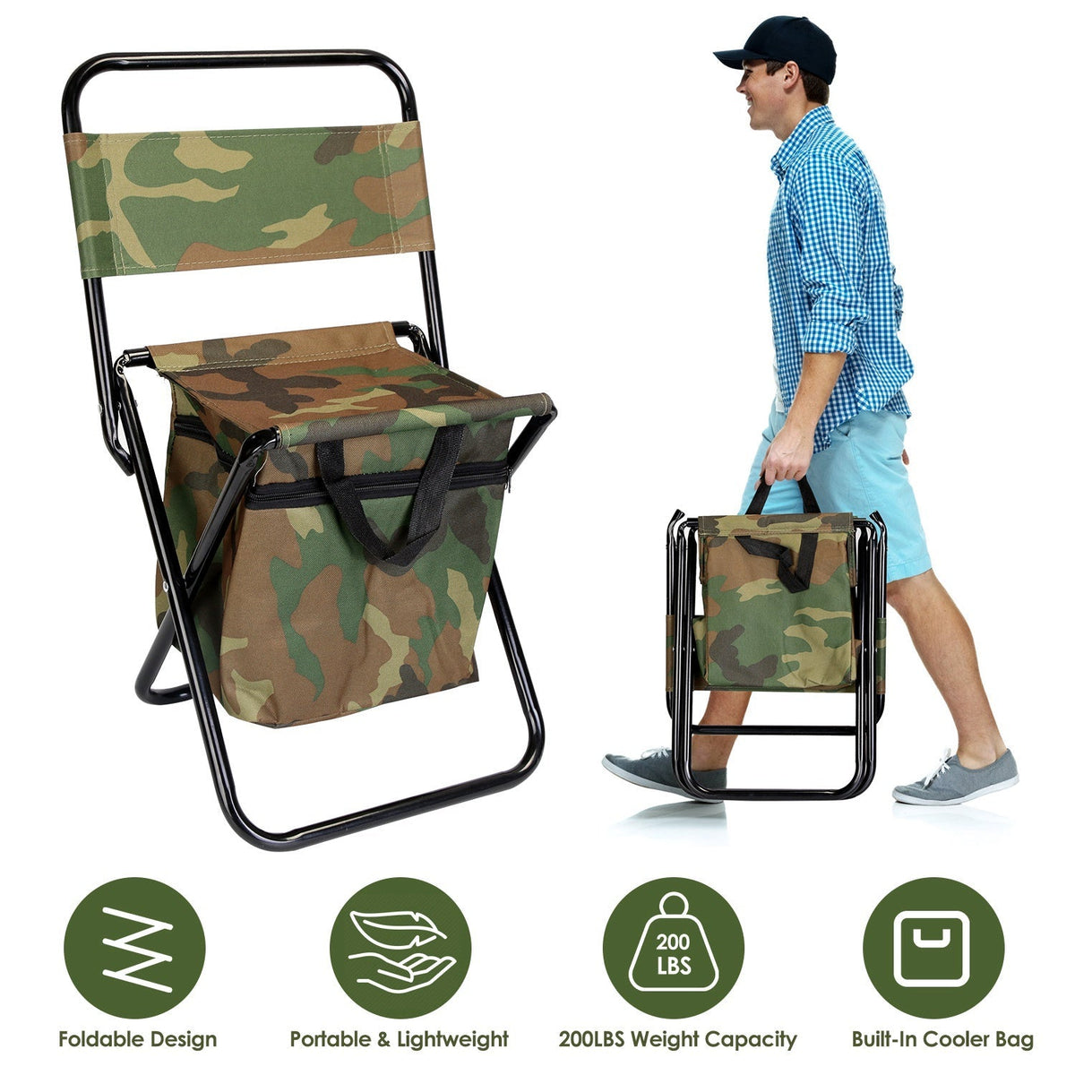 Foldable Fishing Chair With Backrest Built-In Cooler Bag Portable Handle Outdoor Lightweight Fishing Stool For Camping Hiking Hunting